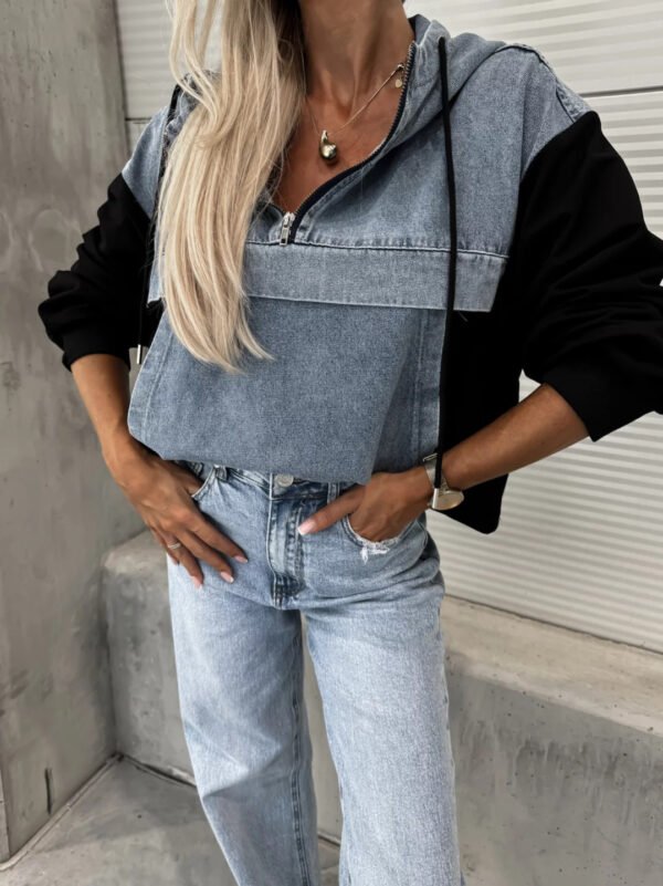 Fashion Loose Casual Washing Denim Stitching Hooded Women's Sweater - Image 6