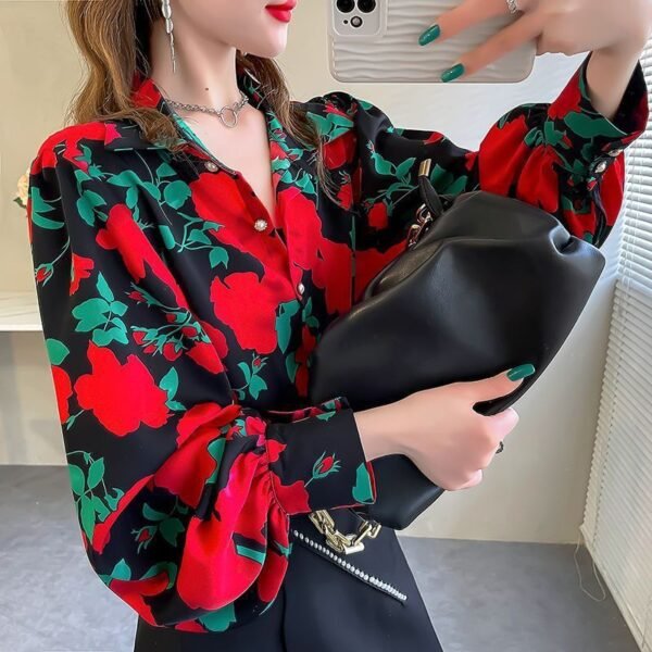 New Loose Lantern Sleeve Chiffon Printed Shirt For Women - Image 2