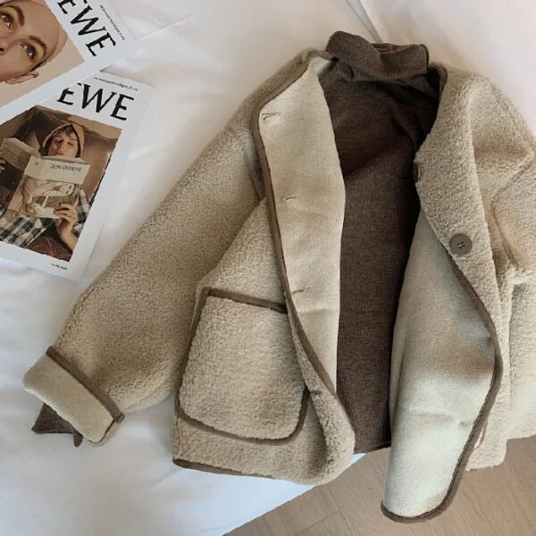 Khaki Round Neck Lamb Wool Coat For Women - Image 6