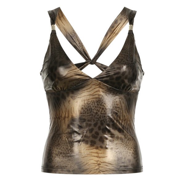 Glossy Leopard Print Contrast Color Slim V-neck Backless Spaghetti-strap Camisole Top - Image 4