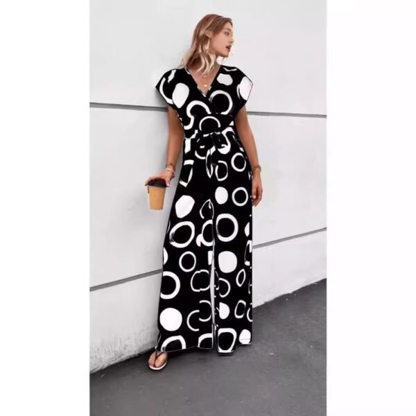 Fashion Elegant Casual V-neck High Waist Print Wide Leg Belt Jumpsuit - Image 3