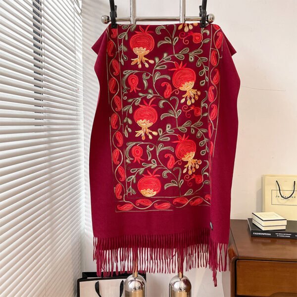 Contrast Color Pomegranate Leaf Embroidered Double-sided Shawl - Image 9
