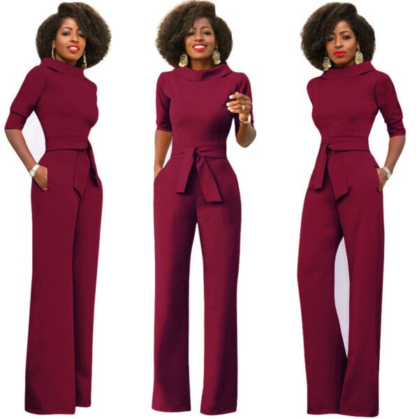 Women's Solid Color Five Quarter Sleeve High Waist Wide Leg Jumpsuit - Image 6