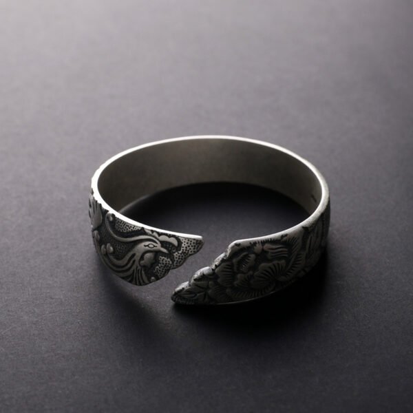 S999 Pure Silver Phoenix Peony Wide Side Thai Silver Matte Retro Ethnic Style  Bracelet Women - Image 5