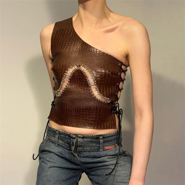 Creative Hollow Drawstring Patchwork One Shoulder Slim Top Vest
