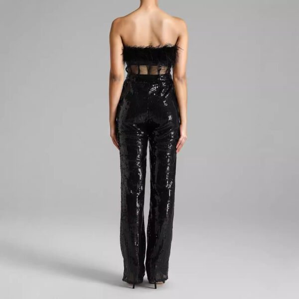 Mesh Slim Fit Patchwork Belt New Black Paillette Jumpsuit - Image 2