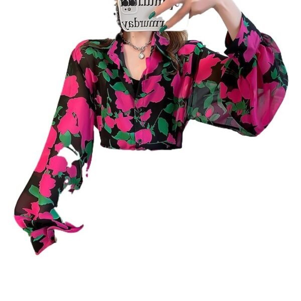 New Loose Lantern Sleeve Chiffon Printed Shirt For Women - Image 5