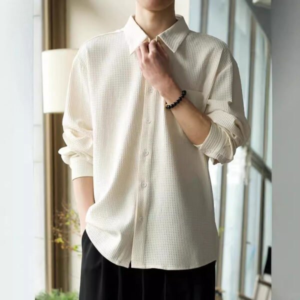 Waffle Polo Collar Jacket Casual Loose Men's Shirt - Image 4