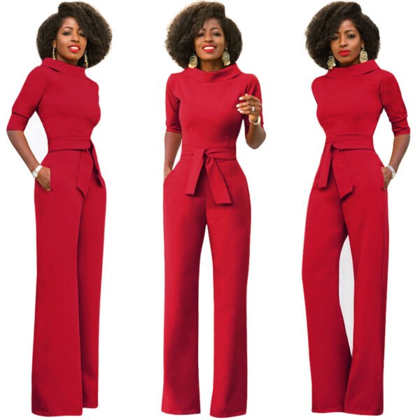 Women's Solid Color Five Quarter Sleeve High Waist Wide Leg Jumpsuit - Image 5