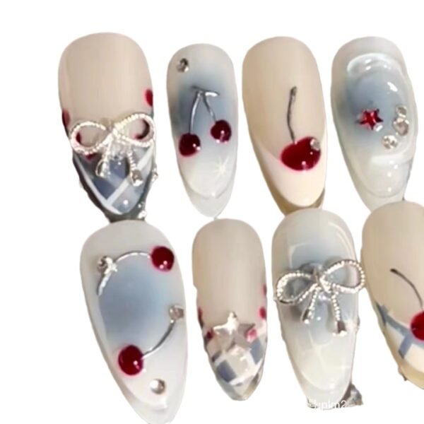 Handmade French Blue Gradient Wear Nail Cherry Bow - Image 4