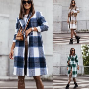 Fall Winter Fashion Brushed Mid-length Plaid Wool Coat