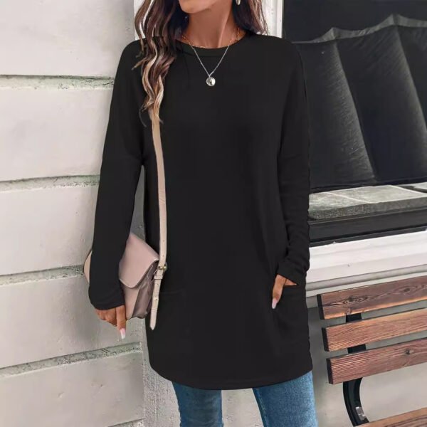 Women's Solid Color Long Sleeve Loose Round Neck Pocket Top T-shirt - Image 3