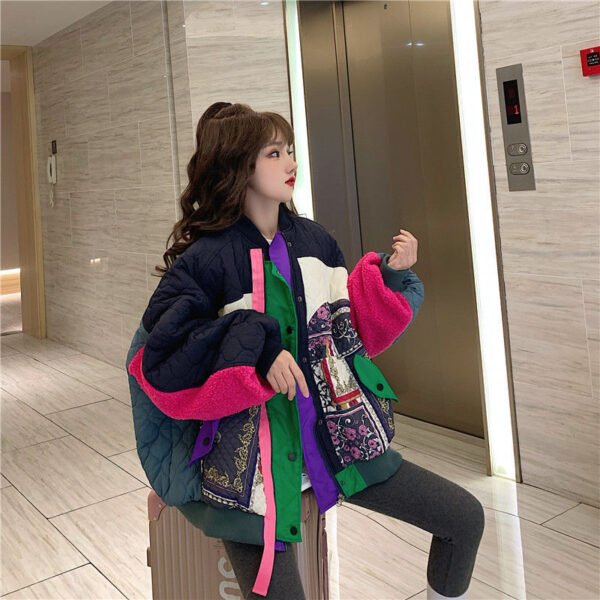 Color Contrast Patchwork Thickened Cotton Padded Coat - Image 4