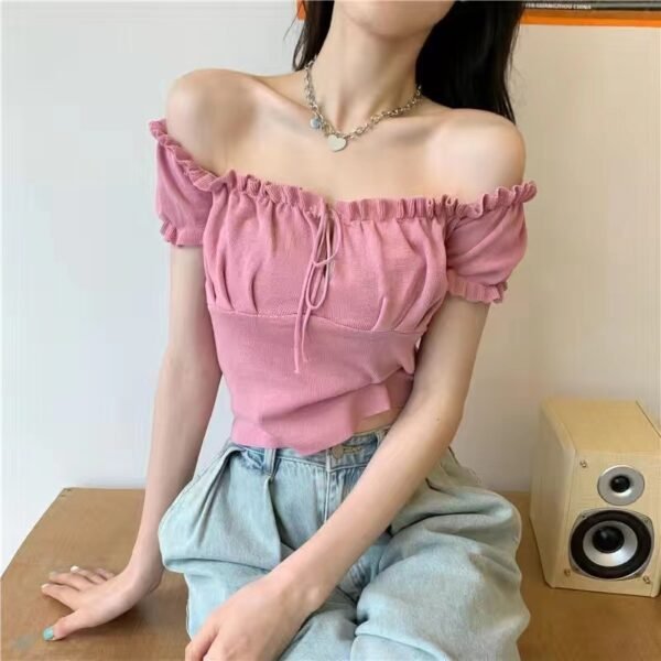Women's Fashion Chic Collarbone Off-shoulder Design Drawstring Short Sleeve - Image 8