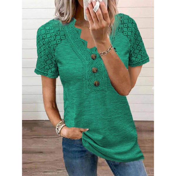 Casual Solid Color Lace V-neck Patchwork Top T-shirt With Short Sleeves - Image 7