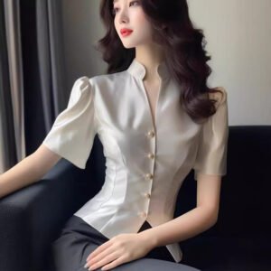 Women's Satin V-Neck Shirt – Tight Waist & Elegant Top