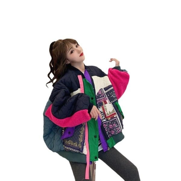 Color Contrast Patchwork Thickened Cotton Padded Coat - Image 6