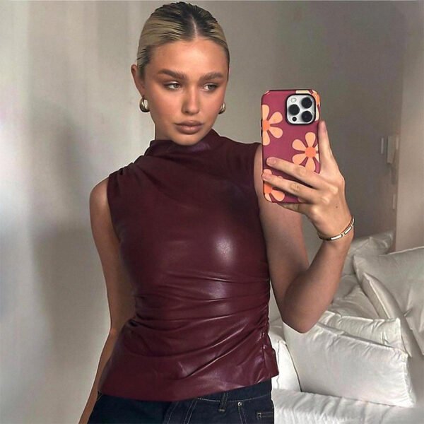 Women's Leather Cascading Collar Waist Slant Short Sleeve - Image 4