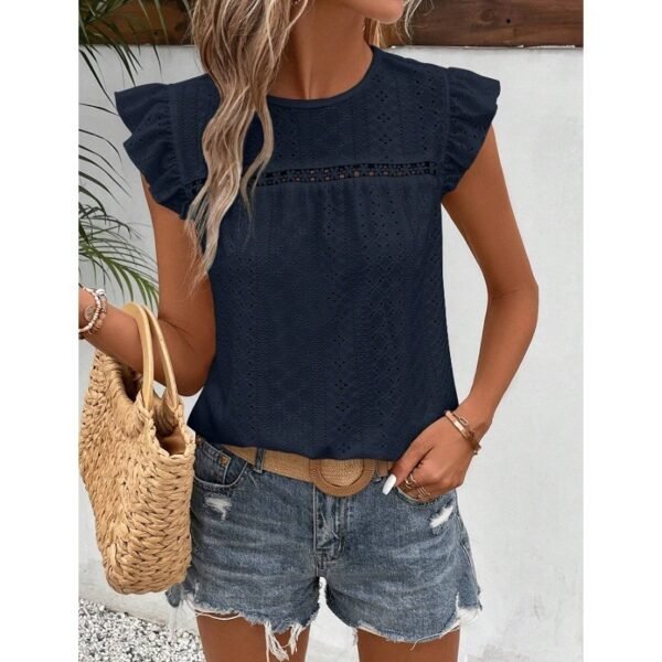 Round Neck Lace Solid Color Ruffled Short Sleeve - Image 4
