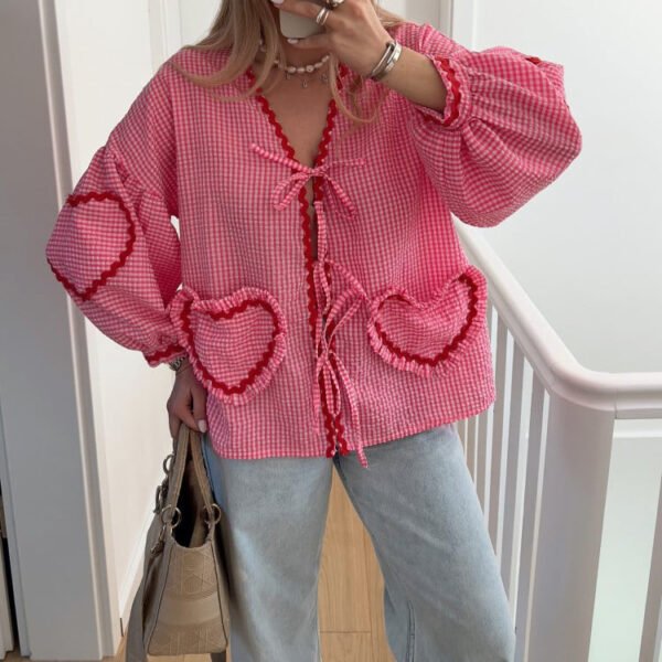 Women's Plaid V-neck Shirt Love Pocket Long Sleeve Loose Top - Image 3