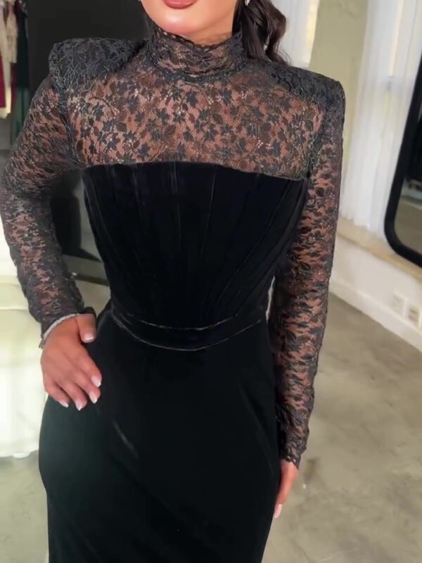Black Long Sleeve Lace Velvet Bodycon Dress Two Piece Set - Image 2