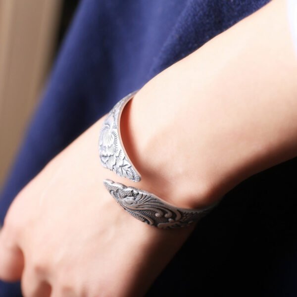 S999 Pure Silver Phoenix Peony Wide Side Thai Silver Matte Retro Ethnic Style  Bracelet Women - Image 3