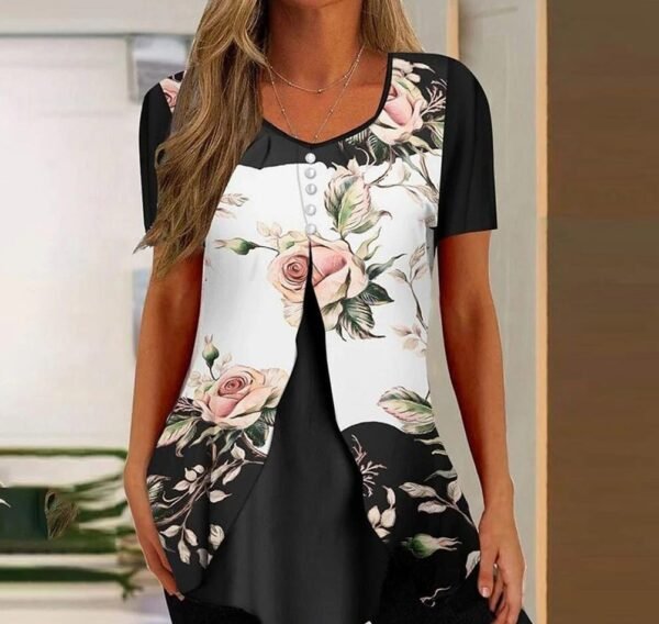 Fashion Printed Casual Short Sleeve Fake Two-piece T-shirts Women - Image 4