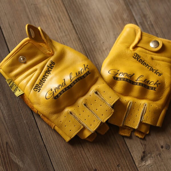Yellow First Layer Cowhide Half Finger Motorcycle Gloves - Image 2