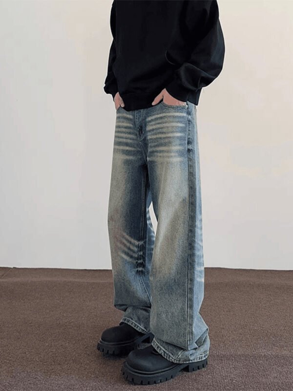 Men's Loose Straight Washed-out Vintage Jeans With Whiskers - Image 3