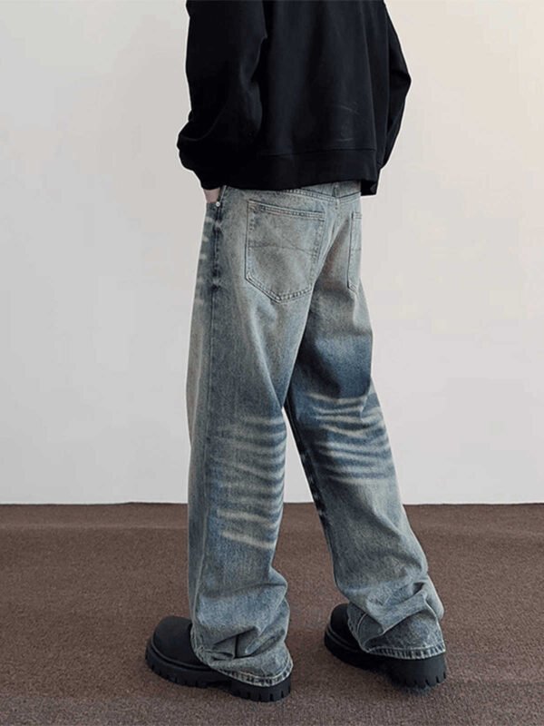 Men's Loose Straight Washed-out Vintage Jeans With Whiskers - Image 2