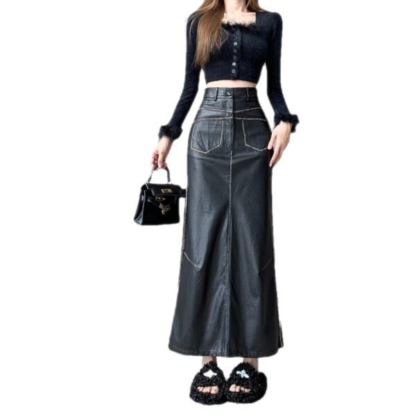 Black PU Leather Skirt Women's High Waist Slimming - Image 5