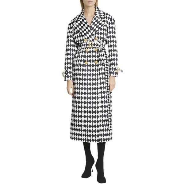 Black And White Diamond Grid Belt Long Trench Coat - Image 5