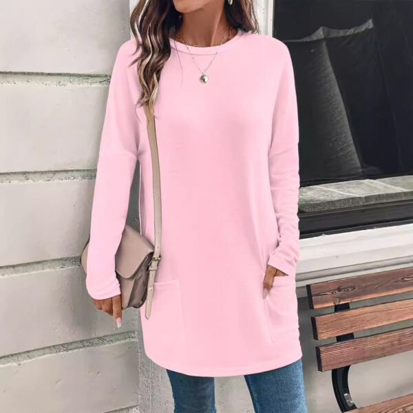 Women's Solid Color Long Sleeve Loose Round Neck Pocket Top T-shirt - Image 4