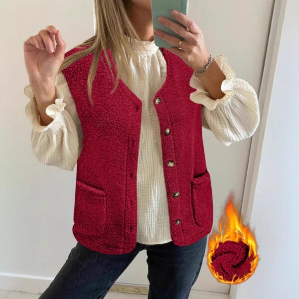 Fashion Round Neck Pocket Plush Vest - Image 4