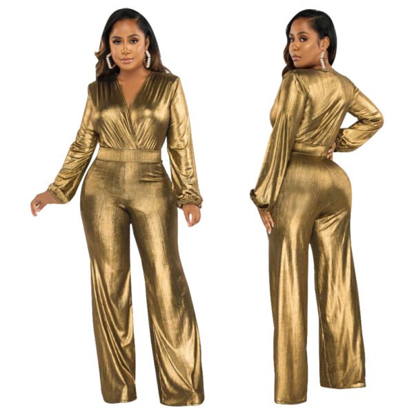 Sexy V-neck Lantern Sleeve Bronzing Jumpsuit - Image 4