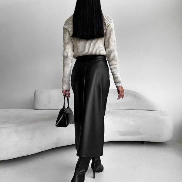 Vintage Fleece-lined PU Leather Leather Skirt - Image 3