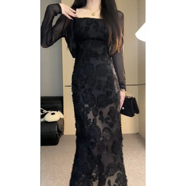 Elegant Black Lace Sling Dress - Image 3