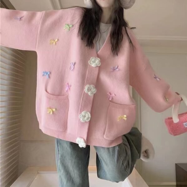 Bow Knitted Cardigan Loose-fitting Oversized Sweater - Image 6