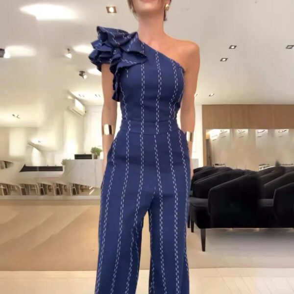 Waist-tight Diagonal Collar Shoulder-baring Stringy Selvedge Striped Jumpsuit - Image 2
