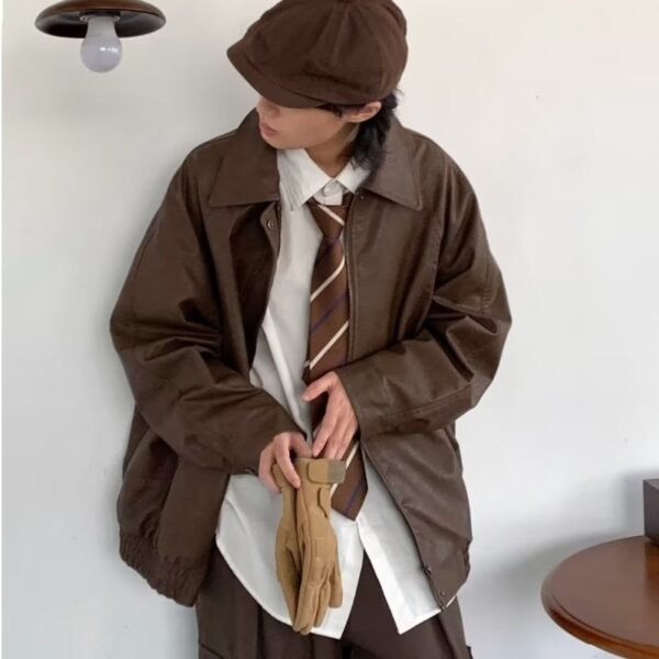 Japanese-style Retro Distressed Lapel Pu Jacket - Image 4