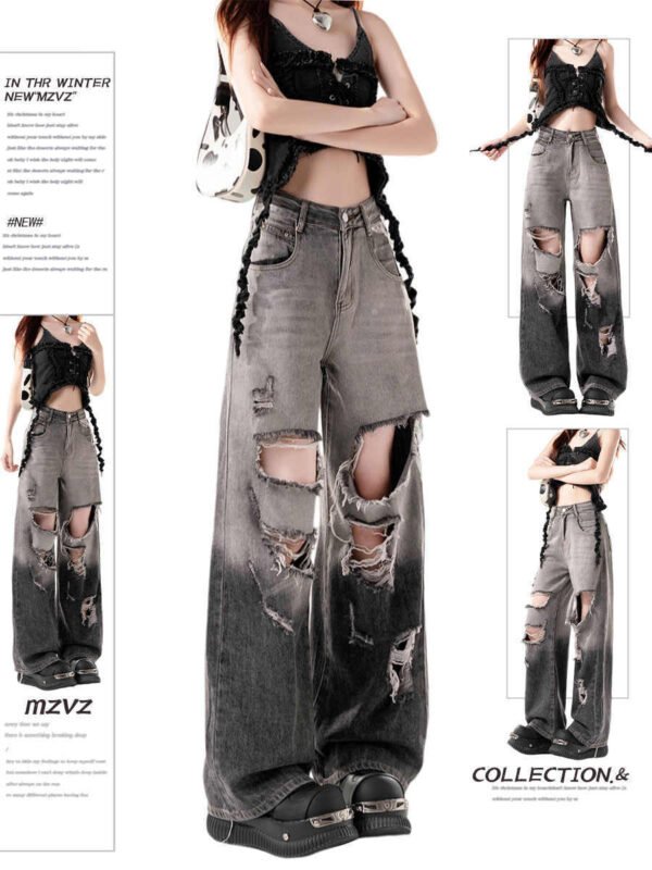 Black Gradient Ripped Wide-legged Jeans Women's High Waist Loose Straight Trousers - Image 2