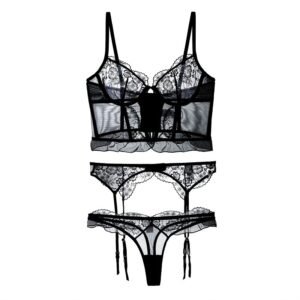 New 3-piece French Style Lace Lingerie Women's Breathable Hollow-out Fishbone Corset Ultra-thin Bra Set