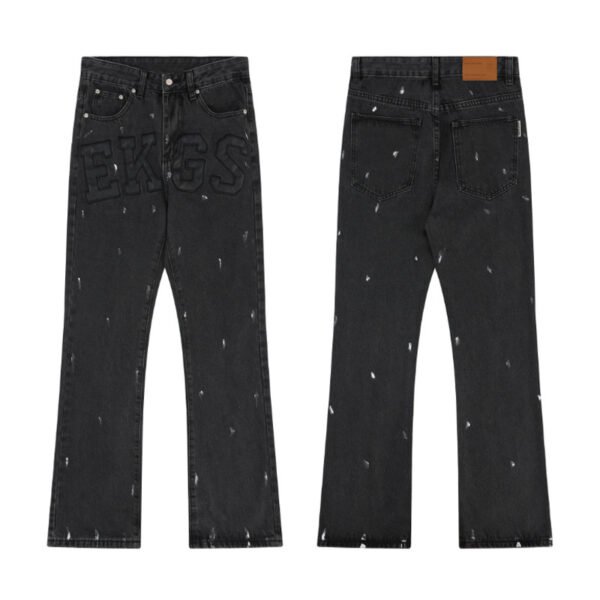 American Retro High Street Loose Straight Mop Leather Splash-ink Jeans - Image 5