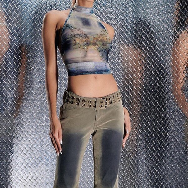 Hollow Retro Printed Turtleneck Halter Strap Cropped Tank Top - Image 4