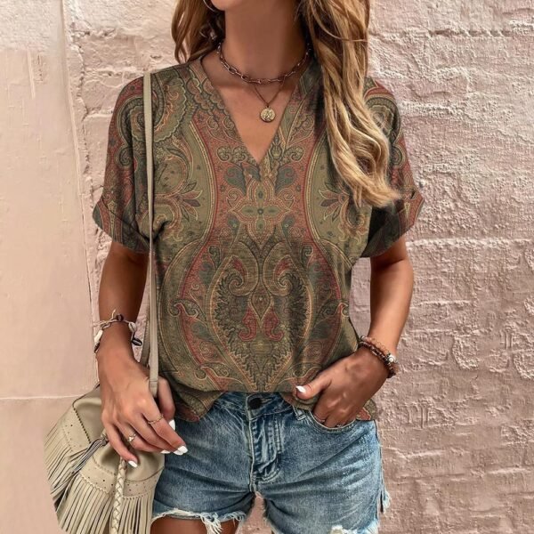Printed T-shirt Ethnic V-neck Summer Short Sleeve - Image 3