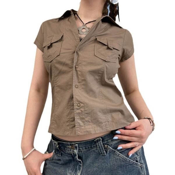 European And American Minimalist Basic Lapel Snap Fastener Tooling Style Shirt Short Sleeve Top - Image 5