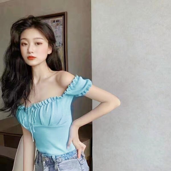 Women's Fashion Chic Collarbone Off-shoulder Design Drawstring Short Sleeve - Image 10