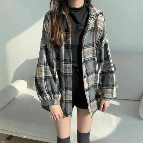 Retro Brushed Plaid Long-sleeved Shirt For Women - Image 3