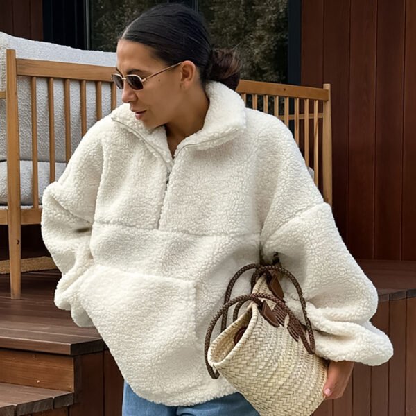 Stand Collar Beige Fleece Sweatshirt - Image 4
