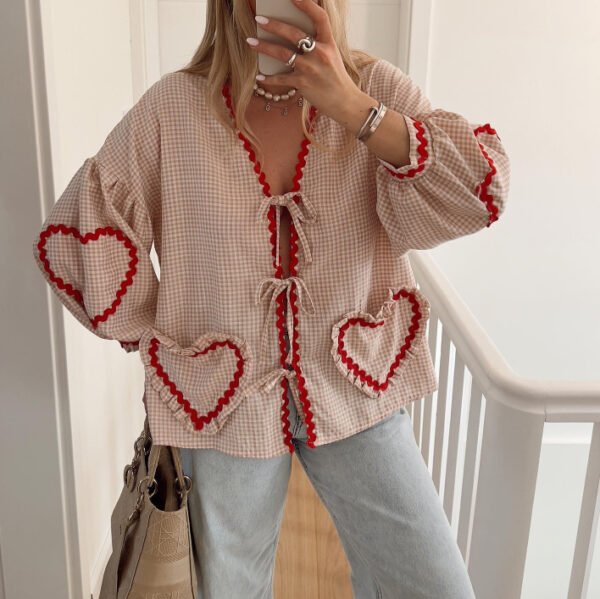 Women's Plaid V-neck Shirt Love Pocket Long Sleeve Loose Top - Image 4